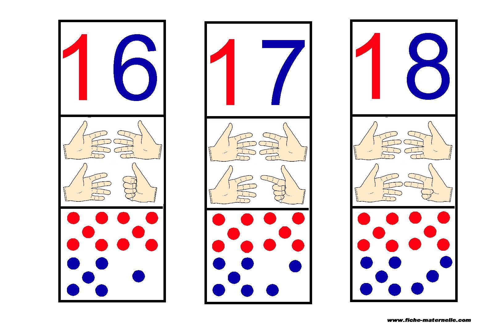 16, 17, 18 : chiffres / doigts / constellations
