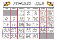 Calendrier mois de Janvier