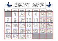 Calendrier mois de Juillet