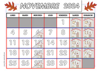 Calendrier mois de Novembre