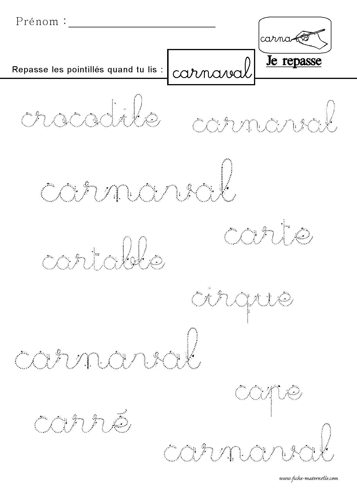 Ecrire le mot "carnaval" en lettres cursives