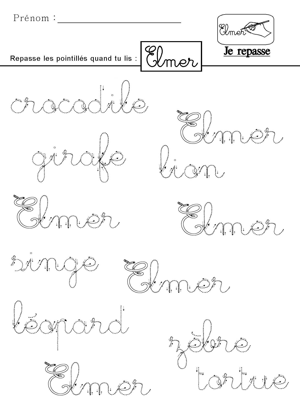 Je lis le mot Elmer en écriture cursive et je repasse les pointillés