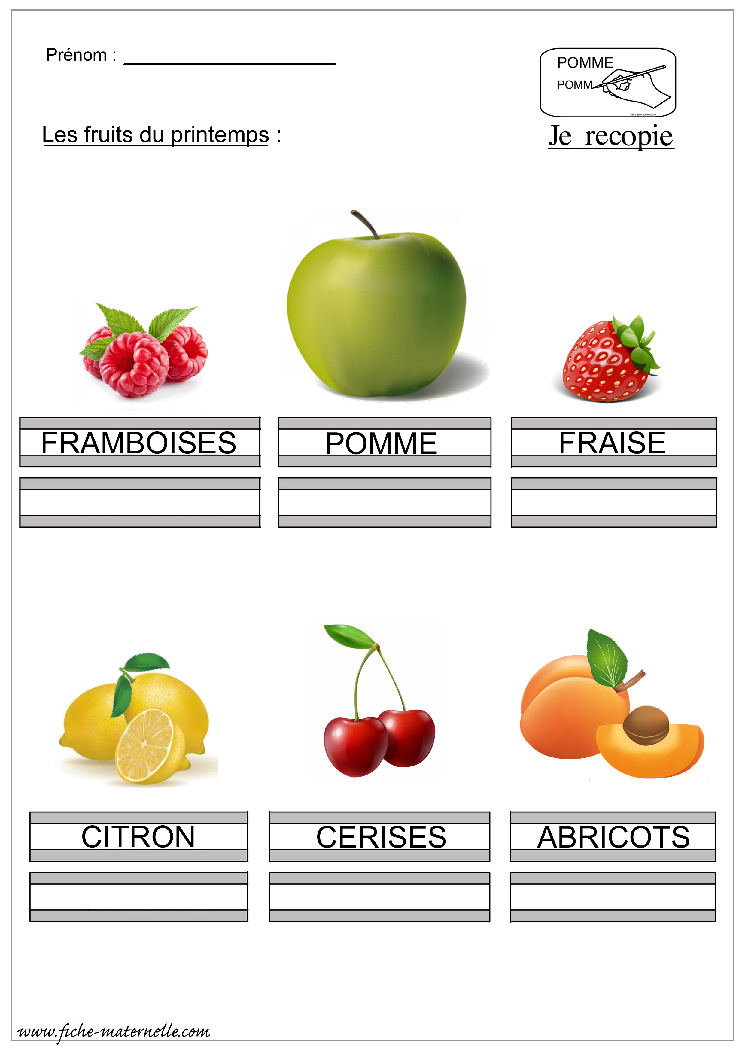 Les fruits du printemps, recopier les mots en lettres capitales