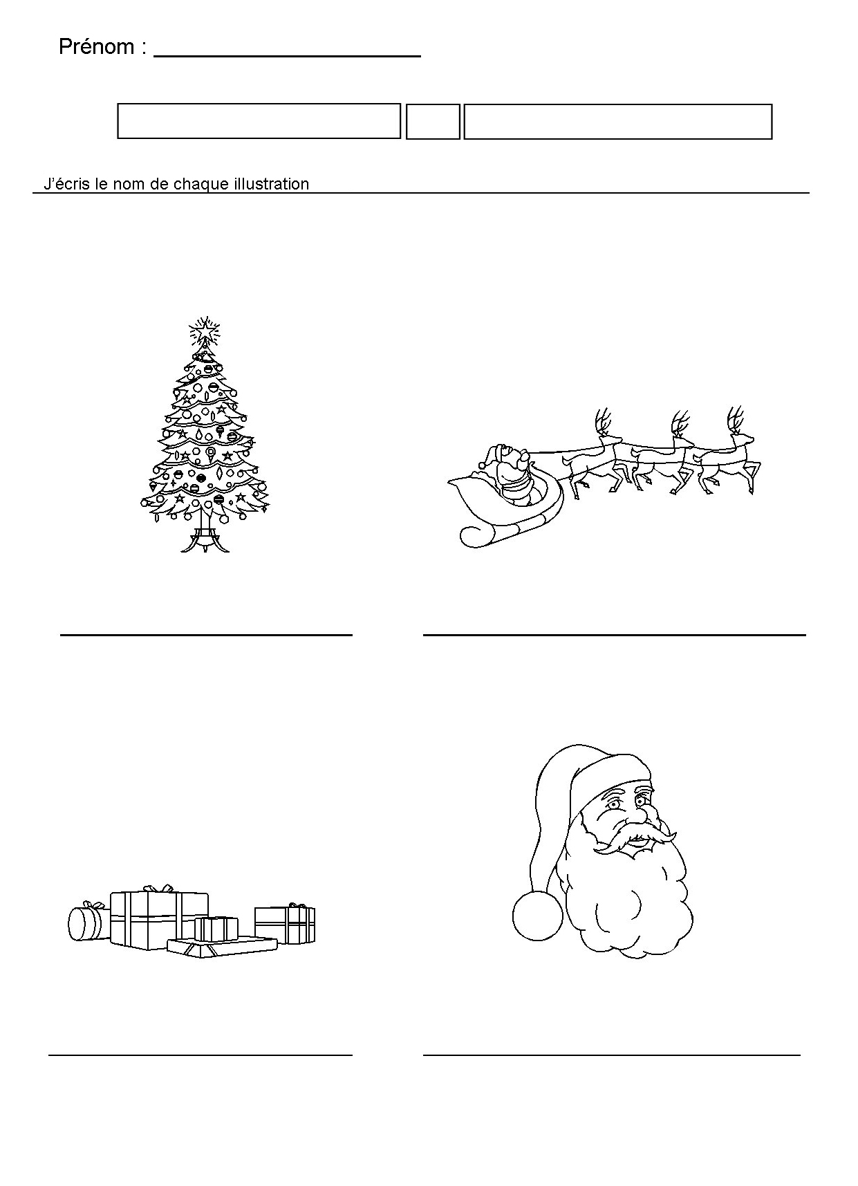 NOEL en MATERNELLE ecrire les mots sous les illustrations sapin cadeau traineau Pere Noel