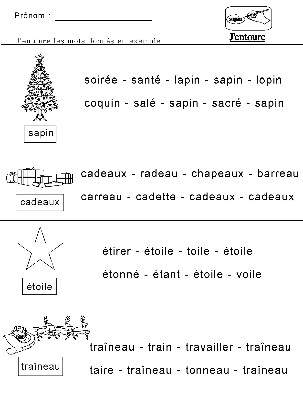 NOEL en MATERNELLE entourer les mots donns en modle