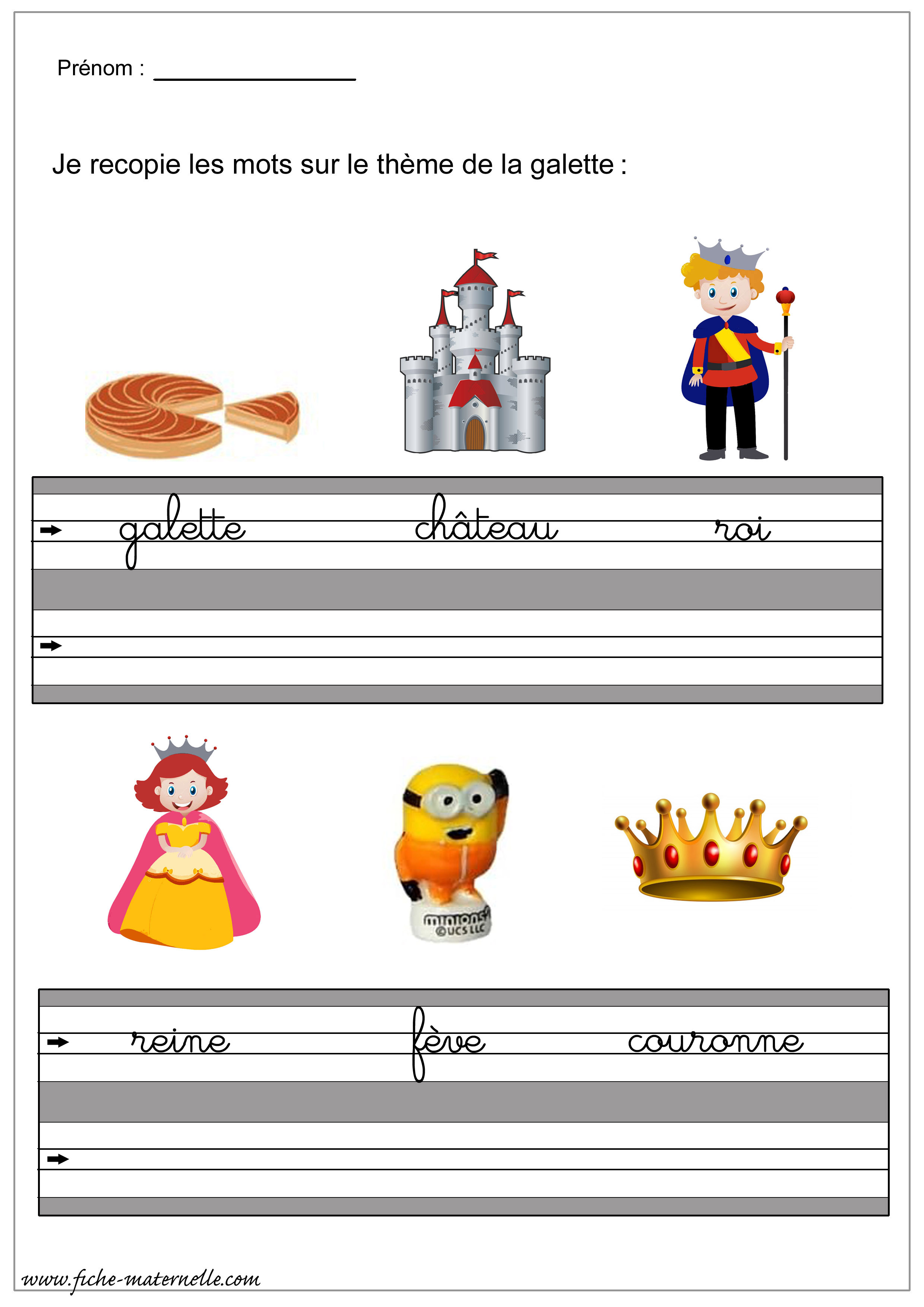 Recopier les mots en lettres cursives sur le thme de la galette