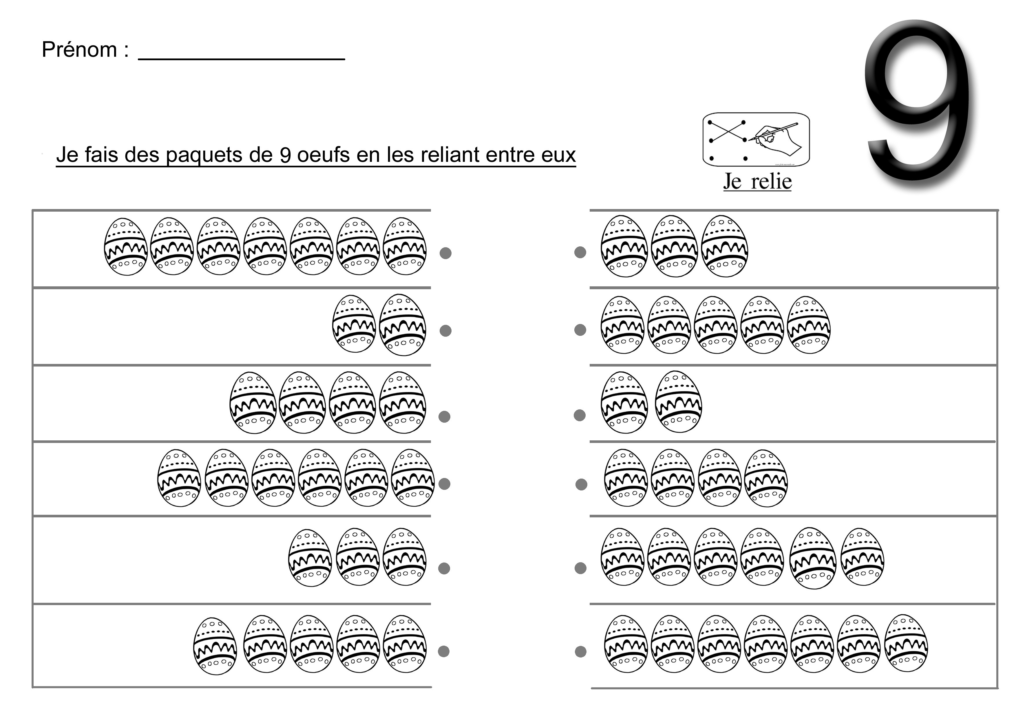 Relier les quantits pour obtenir 9 oeufs de Pques